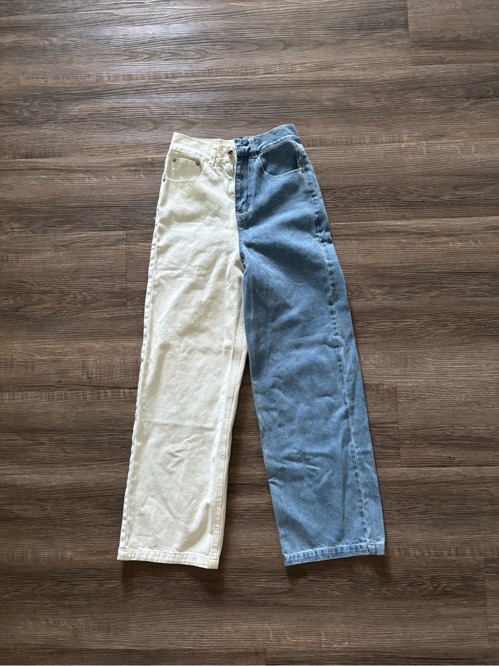 Split blue and white jeans